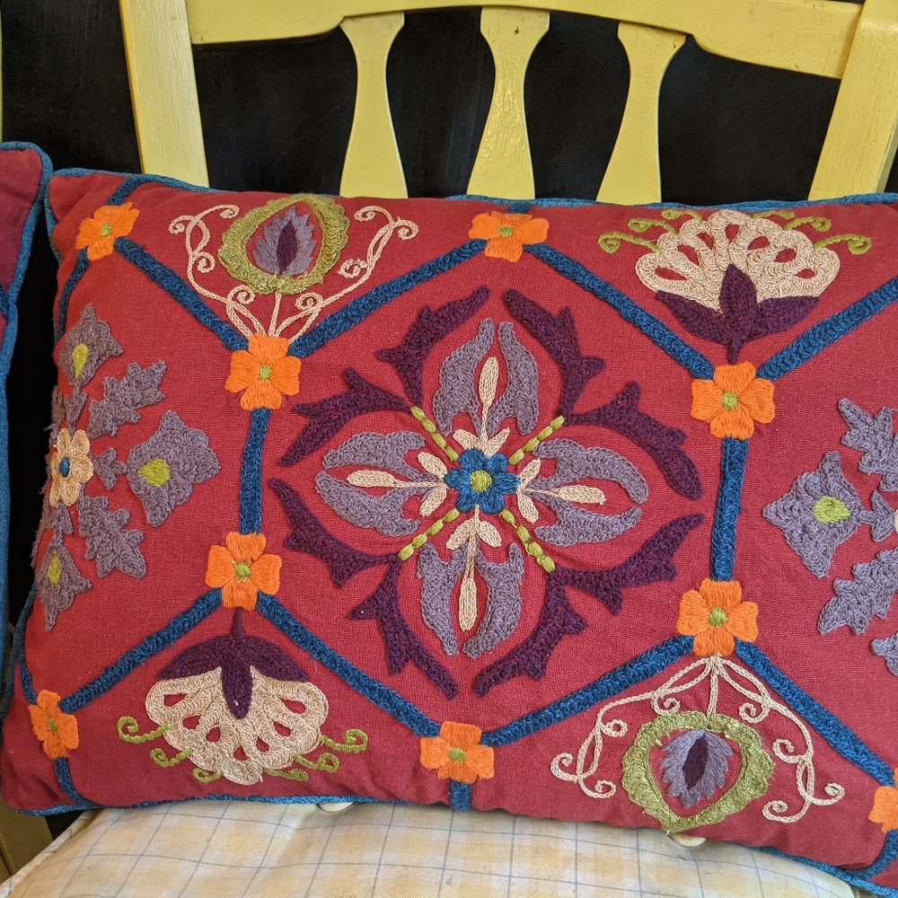 2 embroidered boho red and blue pillows